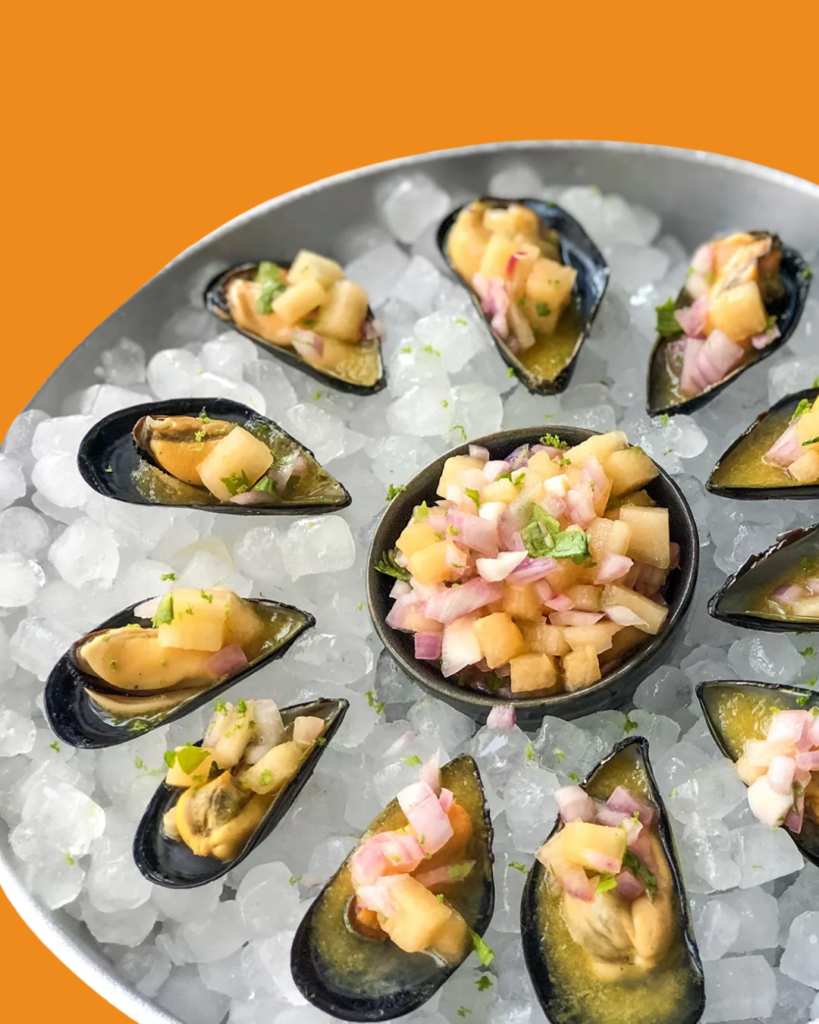 Ceviche de mejillones con melón Waikiki