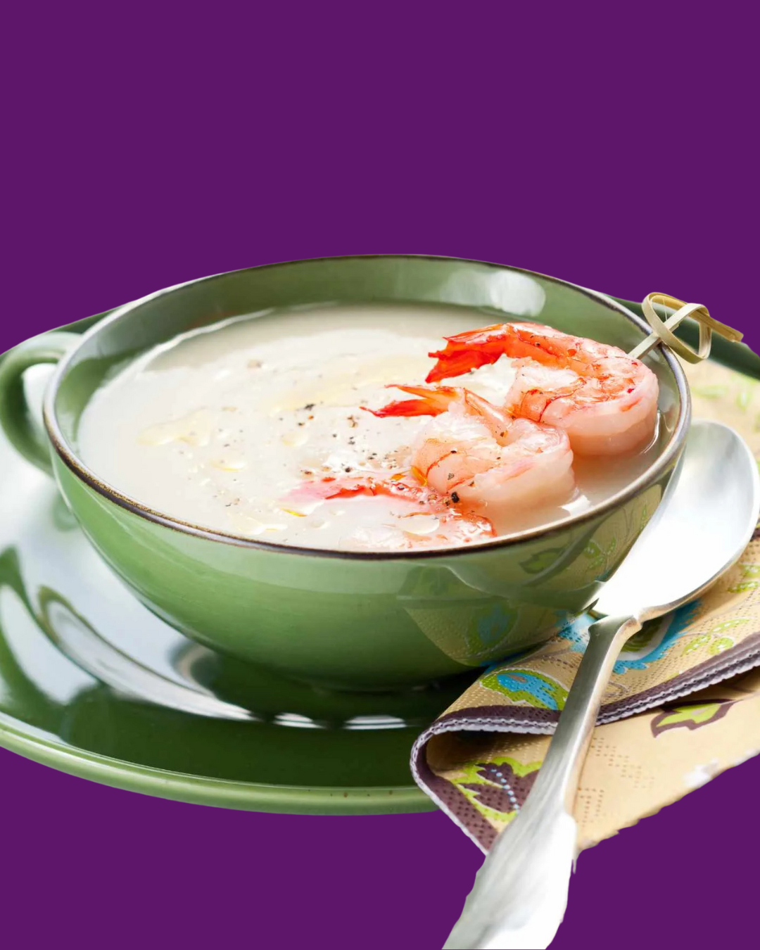 Crema de coliflor y puerro con gambas