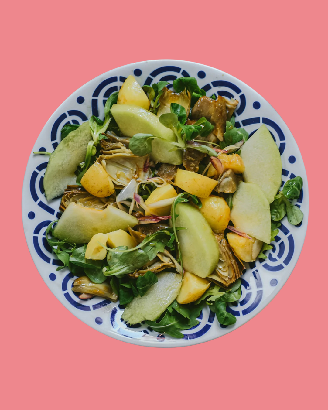 Ensalada de Alcachofas, Melón Okashi y vinagreta de Naranja