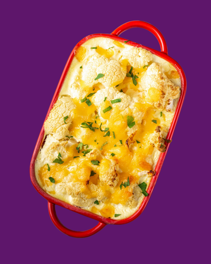 Coliflor de verduras cursis con salsa cremosa gratinada con queso