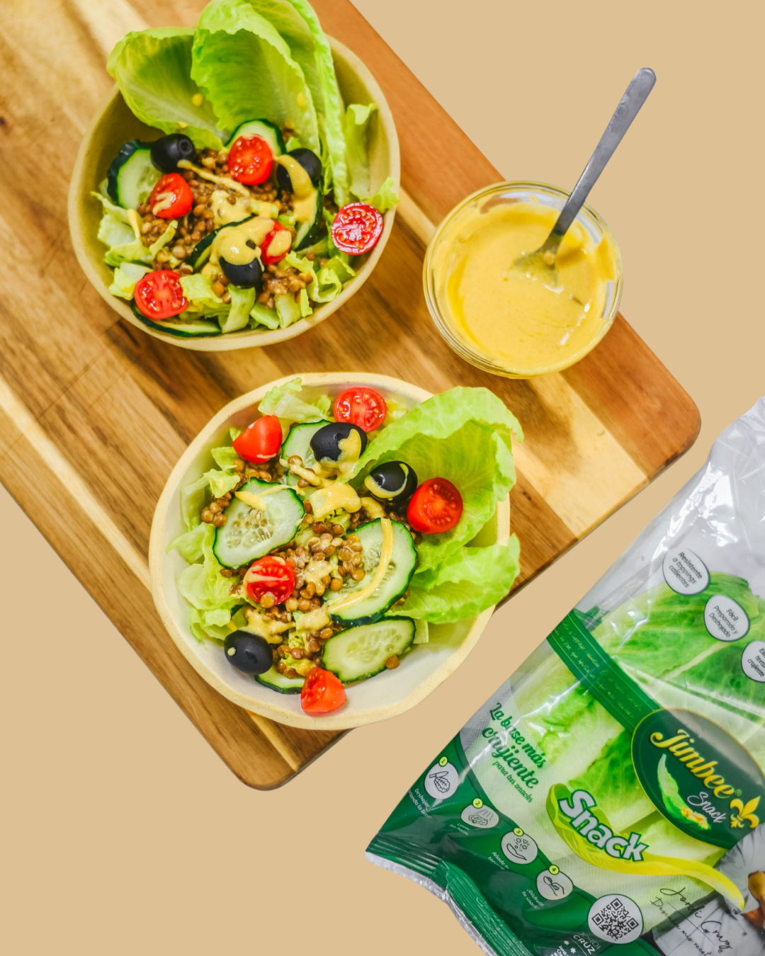 Ensalada de Jimbee Snack con lentejas y salsa de mostaza dulce