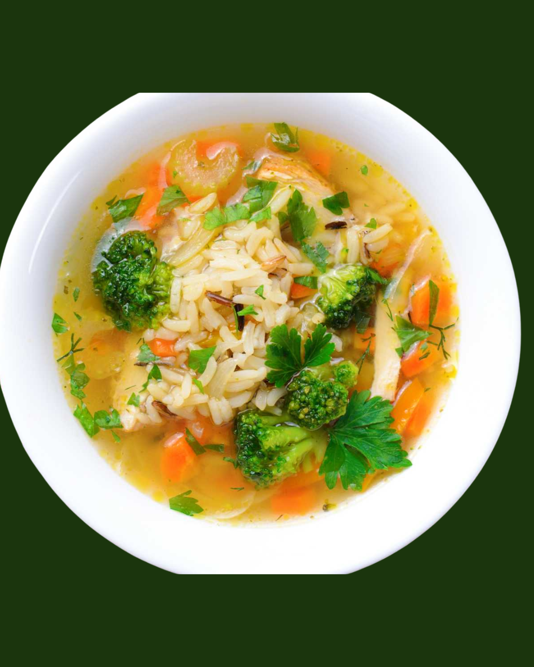 Caldo de Pollo con Arroz y Brócoli