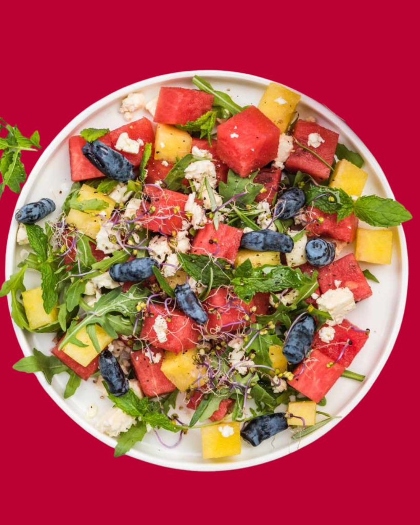 Ensalada Multicolor con Sandía Roja y Naranja al Estilo Griego