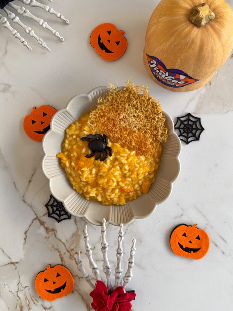 Risotto de calabaza con telaraña de parmesano