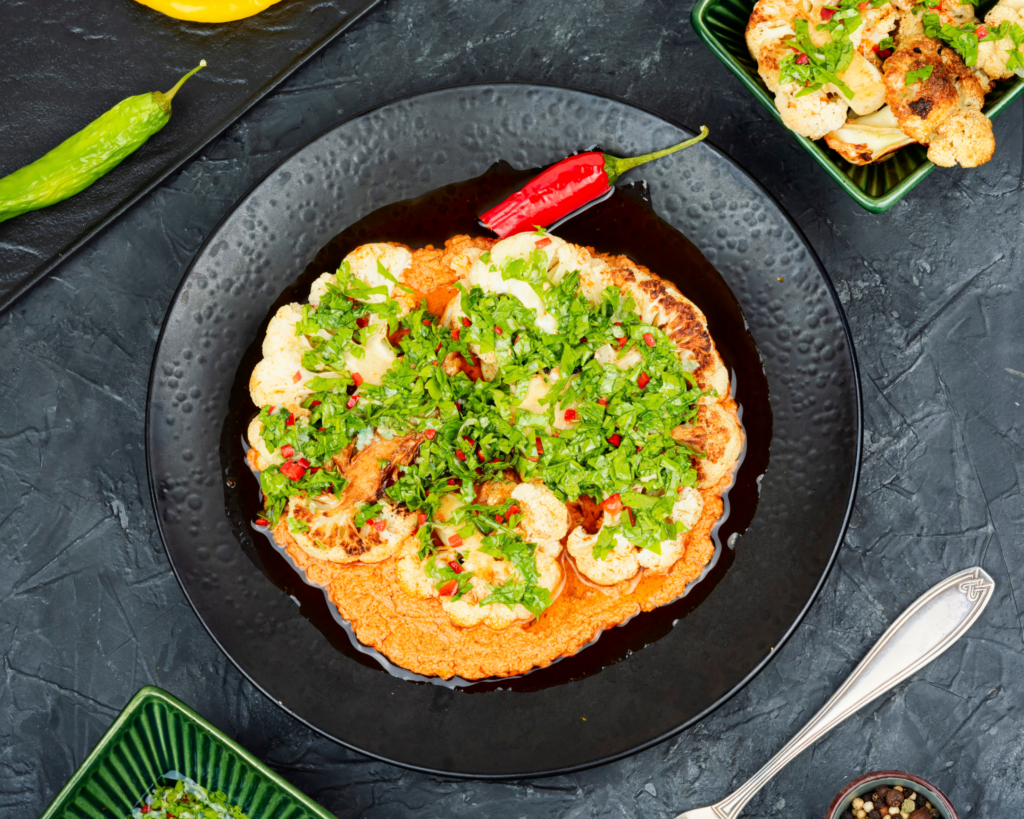 Coliflor Asada con Salsa de Pimientos