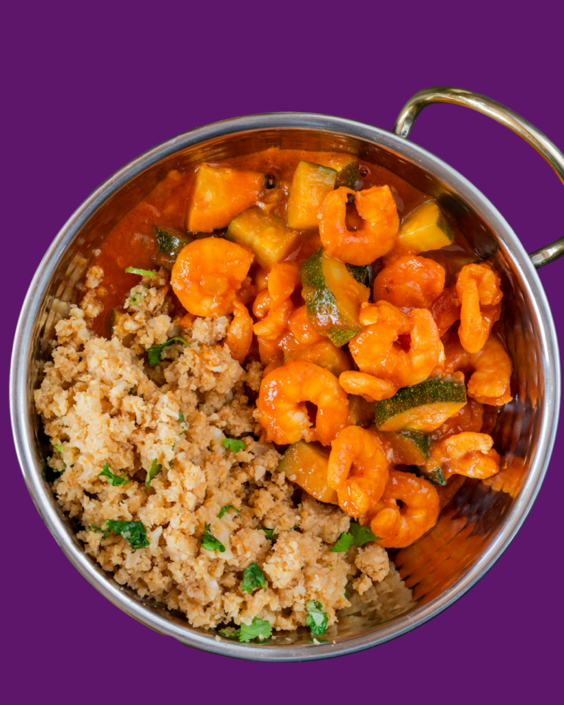 Gambas con Calabacín y Coliflor Especiada