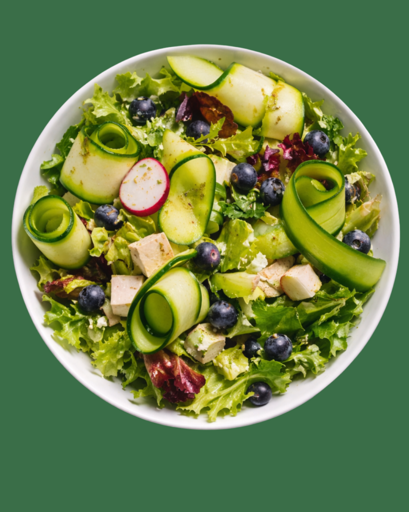 Ensalada Fresca de Pepino, Arándanos y Tofu