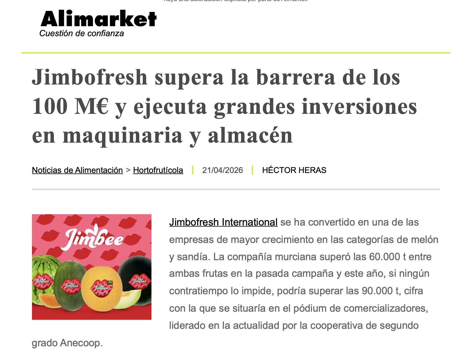 JIMBOFRESH, DESTACADA EN ALIMARKET POR SU CRECIMIENTO E INVERSIONES.